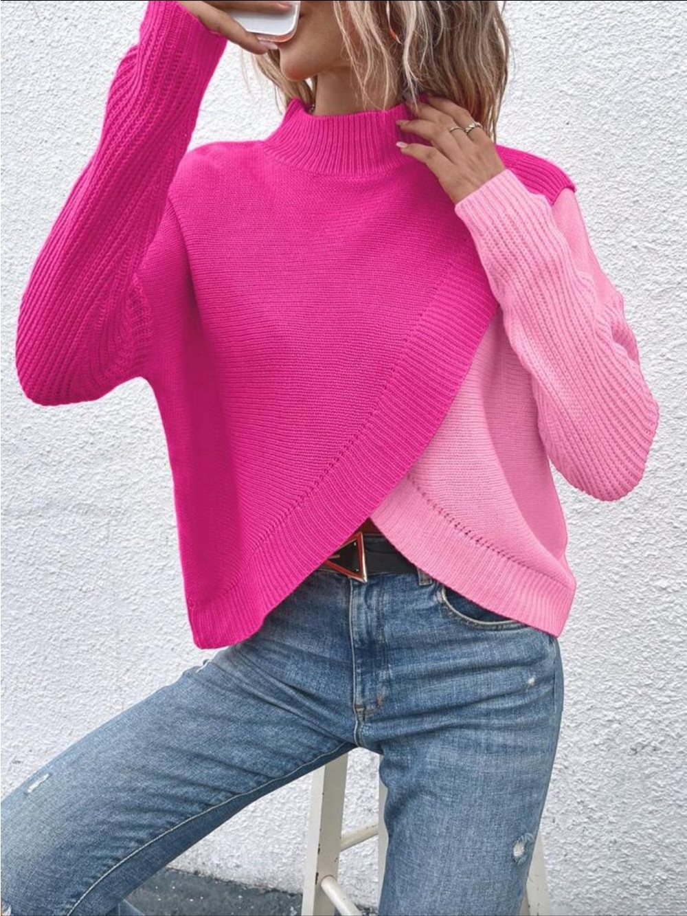 Classic Color-block Mock Neck Knit Sweater Pink